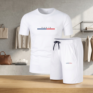 Custom Logo Front Position Casual Knitted Solid Men's Summer Set with White Shirt and Red Shorts 100% Cotton Seamless Quick Dry - Product Image 3