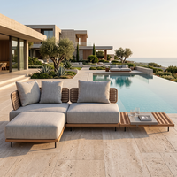 Otomana de Ratán y Teca Natural, Cojín Impermeable Multiusos para Resort, Villa, Balcón, Jardín, Muebles de Exterior