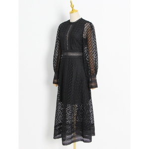 Vestidos de mujer de moda con bordado elaborado, cuello redondo calado, manga farol y cintura entallada - Product Image 6