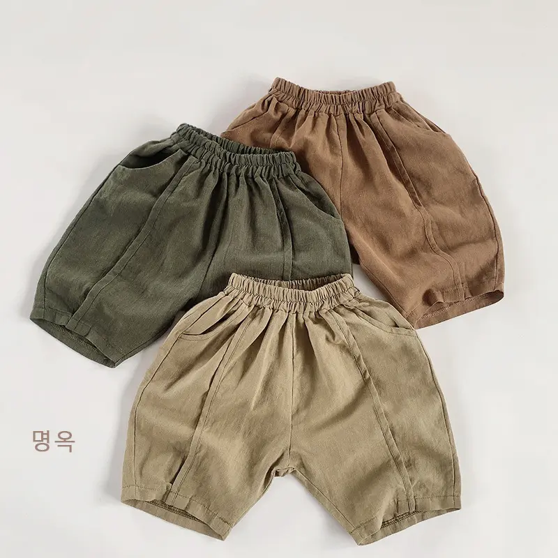 Shorts de algodão e linho para meninos, roupas casuais infantis de verão, calças casuais da moda para bebês