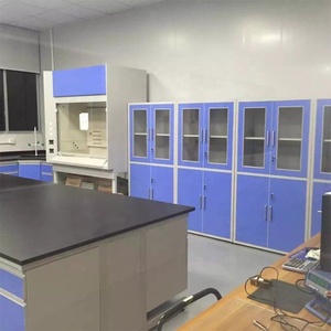 Banco central de laboratorio con marco de acero, mesa de isla, gabinete de madera - Product Image 6