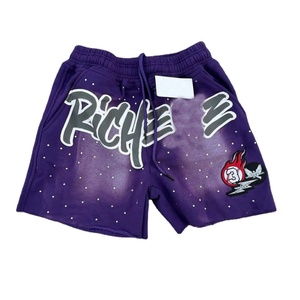 New Fashion Custom Distressed Embroidery Puff Print Logo Acid Wahed Vintage Sun Fade Cotton Terry Men Shorts With Rhinestone - Product Image 6