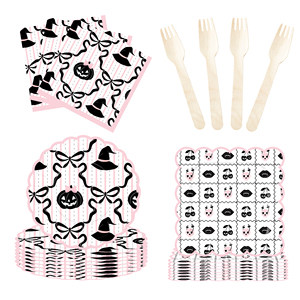 Juego de Vajilla Rosa DAMAI para Fiesta de Halloween con Decoraciones de Cerezas y Lazos, Incluye Platos, Vasos y Servilletas de Papel para 8 Personas - Product Image 4