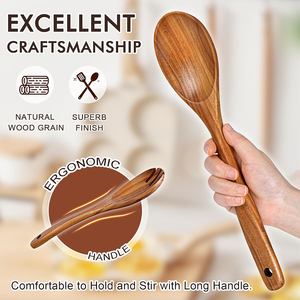 Juego de 6 utensilios de cocina de madera de teca natural con mango largo y cómodo, <span class=keywords><strong>que</strong></span> incluye cucharas, espátula, volteador y tenedor, <span class=keywords><strong>para</strong></span> utensilios de cocina antiadherentes. - Product Image 4
