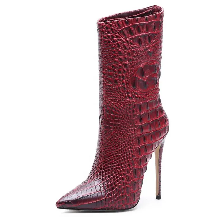 Custom Large Size 45 Pointed Toe Women's Half Knee High Boots Crocodile Print High Stiletto Heel Mid Calf Boots for Ladies