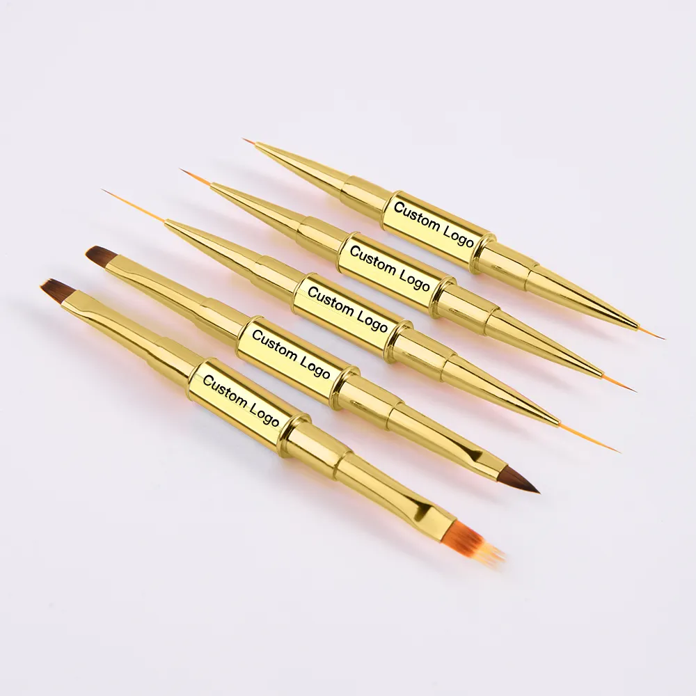 Custom Logo Golden Double Ended Nail Art Brush Gel Flat 5 Brush Nylon Kolinsky Hair Striping Nail Art Set