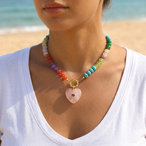 Collier Pendentif Poisson en Chaîne de Perles Multicolores avec Pierres Précieuses, Quartz Rose, Turquoise, Plaqué Or, Bijoux Bohèmes - Product Image 3