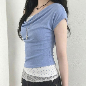 Elegante blusa de dos piezas con cuello caído y estampado de lunares para mujer – Blusa asimétrica con capas elegante - Product Image 4
