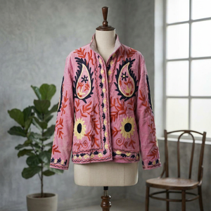 <b>Women</b> Pink Floral Embroidered Reversible <b>Velvet</b> Bomber <b>Jacket</b> Indian Ethnic Kantha Style Winter Wear Wholesale Clothing 100% - Product Image 1