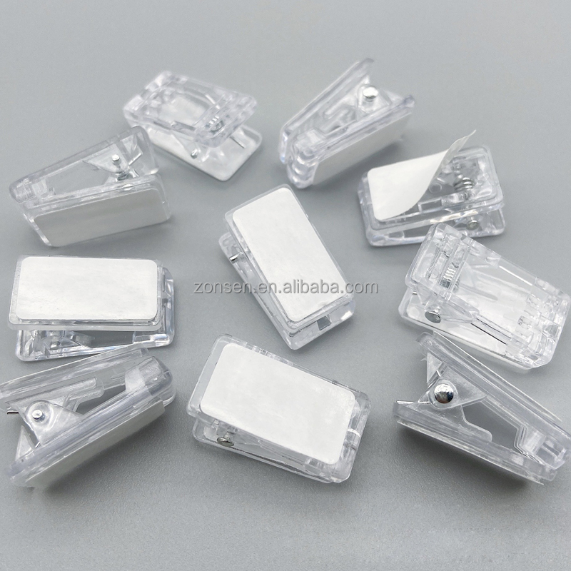 Vente en Gros de Papeterie de Bureau pour École Bricolage Acrylique Transparent Petits Clips Clip en Plastique Transparent avec Adhésif