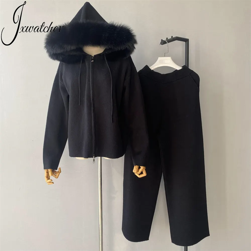 Fall Outfits Luxury Real Fur Collar Hooded Cardigan Long Wide Leg Pants Custom Winter Soft Wool Knit 2 Piece Sweater Set Women