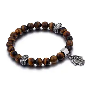 Hamsa Tigers Eye天然石手链的热门手，时尚男士Hamsa Tiger Eye Rock手链Mala Yoga Onxy珠子手链 #