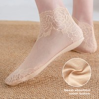 Chaussettes d'été ultra-fines transparentes en dentelle pour femmes, chaussettes courtes en maille florale en soie de verre cristalline, vente en gros