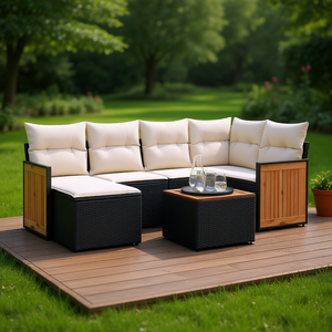 Ensemble de canapés de jardin modulaires élégants en polyrotin noir, meubles d'extérieur avec coussins en mousse haute densité - Product Image 2