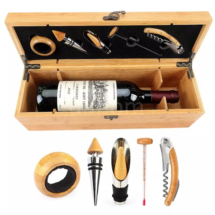 Kit de saca-rolhas de vinho de madeira de bambu para abrir garrafas, kit de acessórios para vinho, 4 peças por atacado