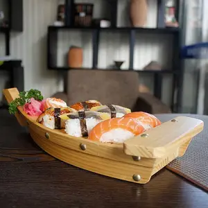 Atacado sashimi barco de madeira-Barco de madeira natural japonês sashimi, bandeja para servir sushi com estampa de barco, 30/40/60/80cm para restaurante e casa
