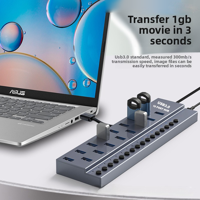10 Multiply Port Powered USB Hub 5Gbps USB a Type C Individual Switches and 12V 2A Power Adapter USB Splitter for Laptop or PC