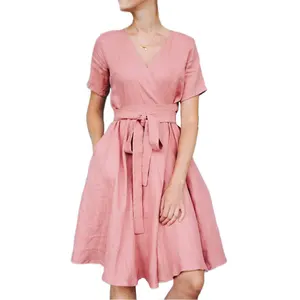 Custom Wholesale Women's Fashion High Quality Linen Dress V Neck Short Sleeve Summer Vestidos Casual Elegant Linen Tunic Dresses