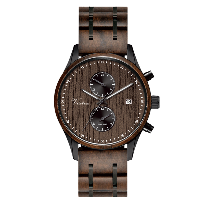 2020 New Design Luxury Wooden Watches Dual Time Men Wrist Custom Logo Low MOQ Chronograph Quartz Stainless Steel Wood Watch