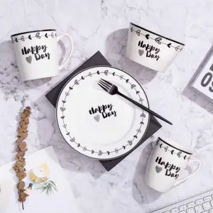 Black and White Design Ceramic Breakfast Set New Bone China Coffee Mug Cereal Bowl Milk Mug Dinnerware Set