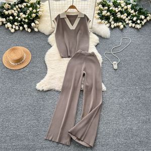 ชุดเซ็ต 2 ชิ้น เสื้อถักแขนกุดคอปกสีสันเรโทรฤดูร้อน กางเกงขายาวเอวสูงทรงขากว้าง แฟชั่นสำหรับผู้หญิง - Product Image 3