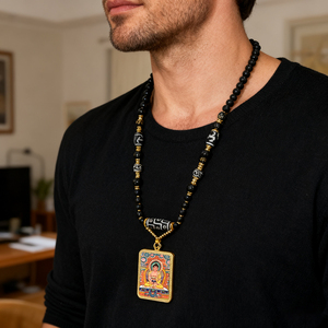 Pendentif Amulette Thangka de la Richesse du Dieu Jaune, Marque Benmingfo, avec Lanière en Bambou, Bodhisattva Manjusri Samouraï, Collier Noir - Product Image 1