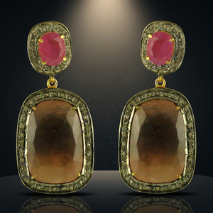Pendientes colgantes chapados en oro de 22 quilates de R Art Palace con engaste de piedra natural para mujer, joyería de fiesta - Product Image 1