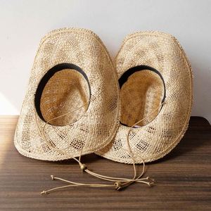 Custom Luxury Brand Multiple Size Fashion Women <b>Men</b> Natural Raffia <b>Straw</b> Western Cowboy <b>Hat</b> Summer Travel Sun <b>Hat</b> with Wind Rope - Product Image 2