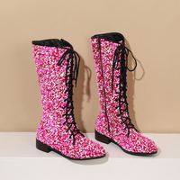 Bottes mi-mollet pour femmes en gros d'usine, automne-hiver 2023, chaussures tendance, paillettes bleues, bout rond, talons bas, bottes pour femmes