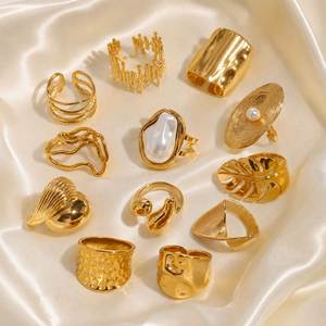 Chunky Luxury Stainless Steel 18K <b>Gold</b> Plated Geometric Trendy Textured Irregular <b>Rings</b> - Product Image 5