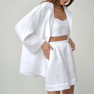 OEM <span class=keywords><strong>donna</strong></span> 2 pezzi abiti Casual cotone gamba larga pantaloncini Set manica lunga sciolto Top <span class=keywords><strong>donna</strong></span> estate bianco pantaloncini di <span class=keywords><strong>lino</strong></span> abiti - Product Image 2