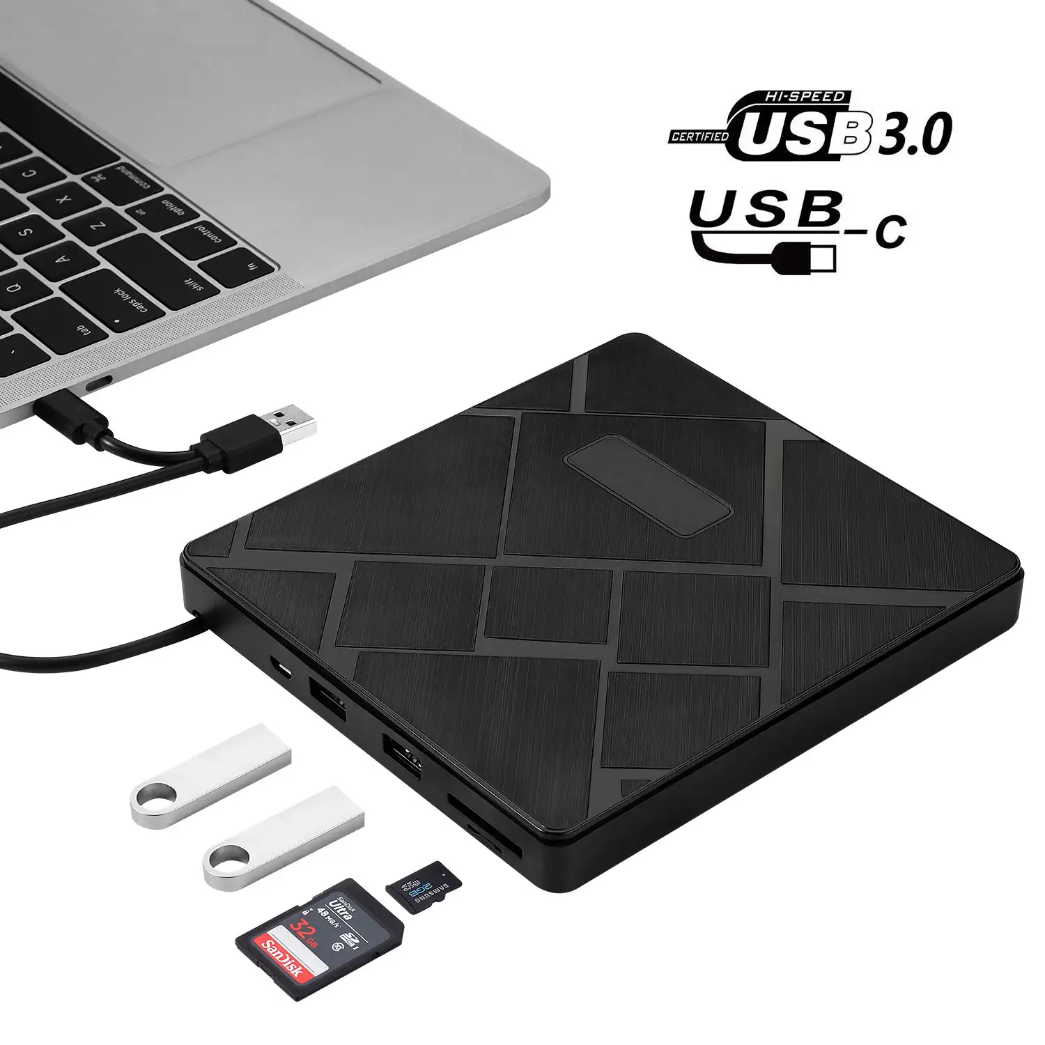Lecteur/graveur DVD externe RW de Type C, idéal pour pc Portable, 2 ports USB, fente pour carte SD, port USB 3.0, idéal pour un bureau