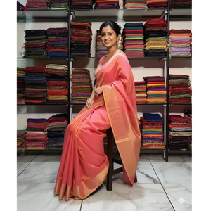 Sari de Seda Sofisticado en Color Rosa Coral |   Ropa Tradicional Premium para Mujer para Fiestas y Todas las Temporadas - Product Image 1