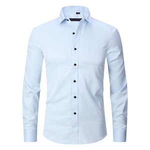 Chemise de couleur unie extensible sur les quatre côtés Chemises de plage hawaïennes pour hommes Chemise noire à manches longues et coupe ajustée élastique sans repassage - Product Image 4