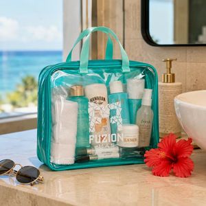Custom Logo Waterproof PVC Green Cosmetic <b>Bag</b> Large Capacity Travel <b>Toiletry</b> <b>Bag</b> <b>Clear</b> Leakproof Makeup Organizer With Handle - Product Image 3