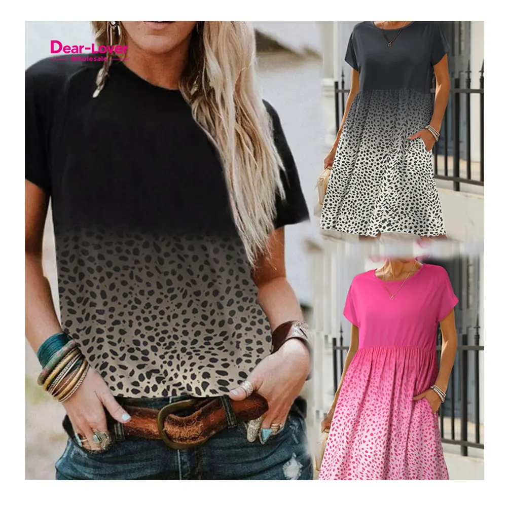 Dear-Lover Wholesale Women Clothing Ladies Black Ombre Leopard Print Crew Neck Short Sleeve Tops Woman T Shirts
