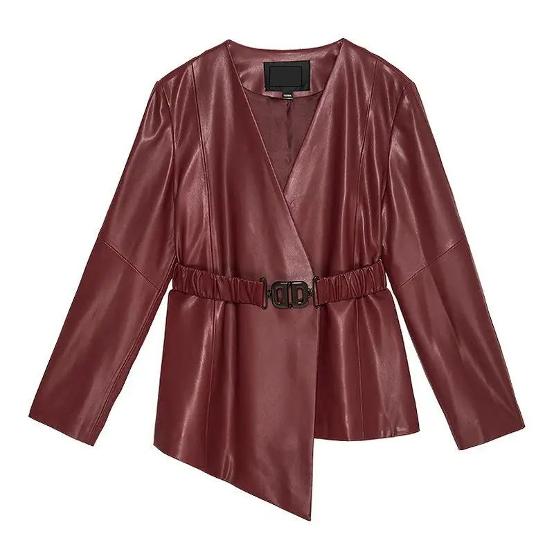 YRP015 Top quality Belted PU Leather Jacket Upmarket Faux Sheep skin Slim Jacket