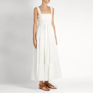 فستان نسائي من نسيج الكتان, فستان أبيض مربع الشكل من قماش الكتان بدون أكمام وبفتحة رقبة على شكل حرف v