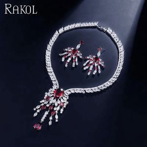 RAKOL SP141 Luxury Crystal Stone Large Tassel Pendant Necklace <b>Earrings</b> Wedding Bride Dubai Zircon Jewelry Set - Product Image 4