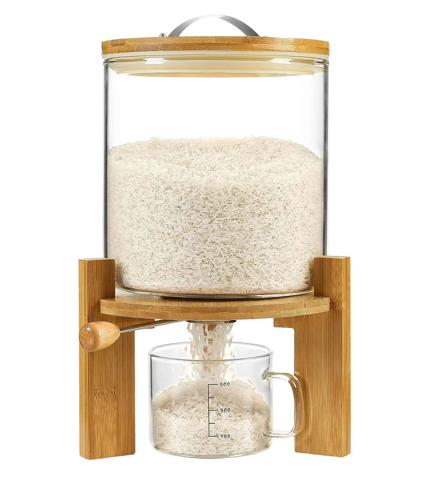 Dispensador de cereais e farinha de arroz de bambu, copo medidor de vidro, despensa, armazenamento de alimentos, caixa com tampa de bambu