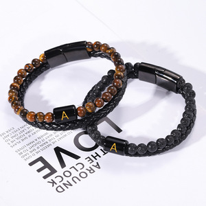 <b>Beaded</b> Bracelet Natural <b>Stone</b> Black Agate Tiger's Eye Volcanic Rock Letter A Unisex Gift Jewelry 7.5in 8.5in 9in - Product Image 2