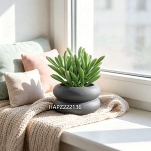Pianta Succulenta Artificiale in Vaso di Cemento a Doppio Strato, Finta Crassula Stonecrop con Punte Rosse per Decorazione Casa e Ufficio - Product Image 1