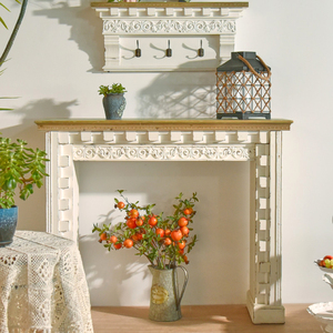 Mesa Consola de Madera Maciza Tallada Blanca Rústica y Desgastada para Interiores, Mueble para Sala de Estar o Entrada, Venta al Por Mayor - Product Image 4