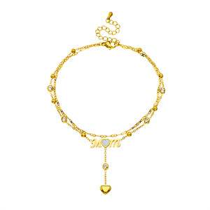 Cheville double couche en acier inoxydable doré avec pendentif cœur lettre « Maman », strass incrustés et perles rondes – Cadeau Fête des Mères pour femme - Product Image 6