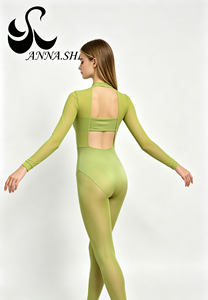 Justaucorps de danse pour femme adulte, vert matcha, entièrement en maille, à manches longues, avec découpe carrée au dos, pour entraînement et scène - Product Image 5