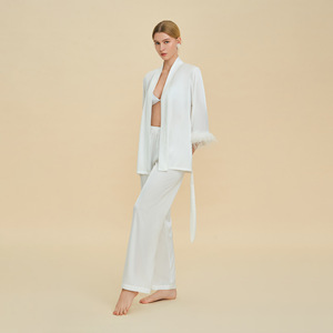 Conjunto de Pijama SUHE Rosa Melocotón, Satén Fino, Manga Larga, con Puños de Plumas, para Mujer, Ropa de Dormir, para el Hogar - Product Image 2