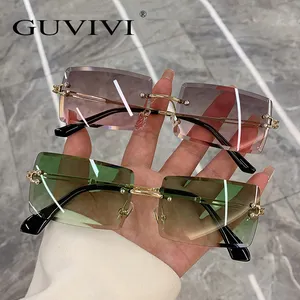 Guvivi 새로운 유행 작은 사각형 Frameless 선글라스 핫 세일 여성 남성 무테 오션 렌즈 금속 선글라스