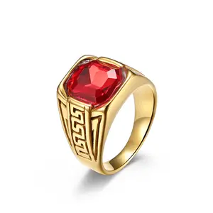 Luxe Big Gemstone Large Punk Bague Haute Poli 18K Plaqué Or En Acier Inoxydable Carré Rubis Anneau pour Hommes Femmes