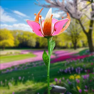 Outdoor garden stake ornaments metal flower shape wooden stakes with solar energy