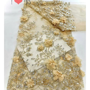 Blinglace rượu sâm banh vàng <span class=keywords><strong>3D</strong></span> hoa ren thêu vải với ngọc trai, chất lượng cao phi đính cườm <span class=keywords><strong>Net</strong></span> ren vải với sequins - Product Image 1